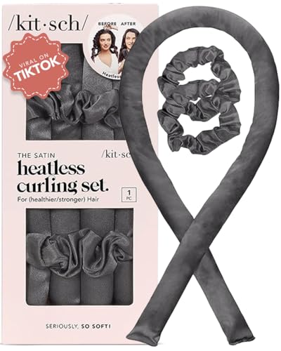 Kitsch Satin Heatless Curling Set – Heatless Hair Curler for Women, Hair Curler to Sleep In - with 2 Satin Scrunchies for Overnight Curls – No Heat Damage Styling with Heatless Curler - Charcoal