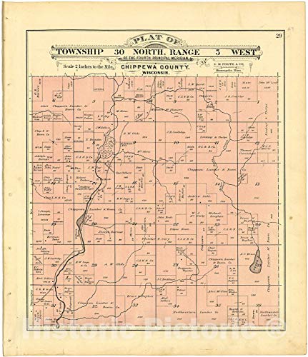 Historic 1888 Wall Map - Plat Book of Chippewa County, Wisconsin - Plat of Township 30 North, Range 5 West 20in x 24in