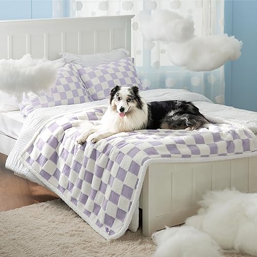 Lesure Waterproof Dog Blanket for Large Dogs - Washable Double Sided Dog Blankets with Warm Jacquard Shag and Soft Sherpa Fleece, Pet Cat Blanket for Bed Couch Protection, 3D Textured Checks, Purple