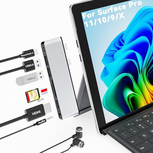 Surface Pro 11 USB C Adapter, Surface Pro 9 Hub Docking Station with 4K HDMI, USB-C Thunerbolt 4 (8K Video+Data+100W PD), 2*USB 3.0, 3.5mm Audio, SD/TF, USB C Hub for Surface Pro 11 Copilot/10/9/X