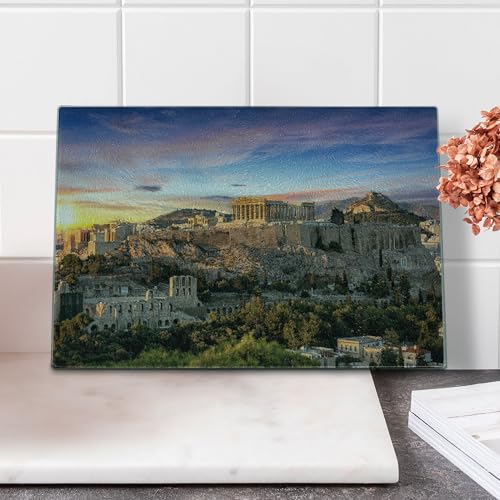 Lunarable Athens Cutting Board, Historical Architecture at the Acropolis of Athens During a Colorful Sunset, Decorative Tempered Glass Cutting and Serving Board, Small Size, Multicolor