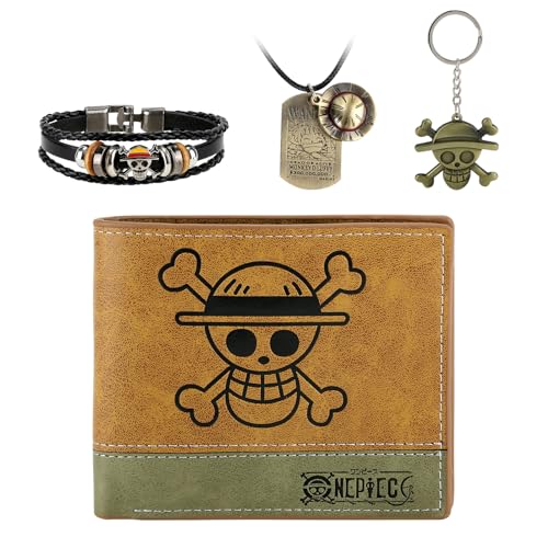 FJLyoupin 4 PCS OP Luffy Bifold Wallet Anime Set (Straw Hat Pirates Jolly Roger Mens Wallet + Luffy Skull Pendant Necklace + Luffy Keychain + OP Bracelet) Good Gift for Anime Fans