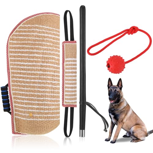 Leyndo 4 Pcs Dog Training Set Include Dog Sleeve Pillow Tug Toy Training Stick and Rubber Ball Professional Equipment for Biting Interactive Fetch K9 Puppy(Red)