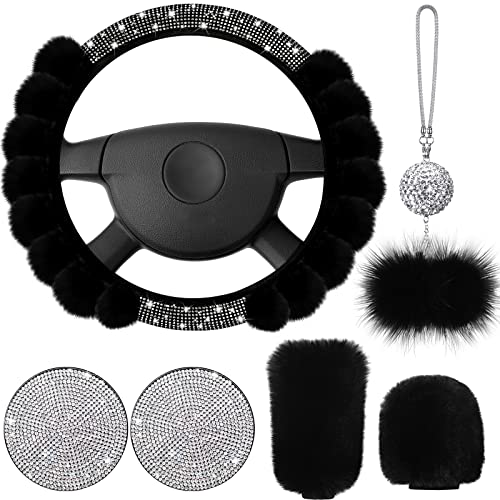 Fabbay 6 Pcs Fluffy Steering Wheel Cover Set Bling Fluffy Car Accessories for Women Bling Cup Holder Mat Fuzzy Handbrake Gear Shift Cover and Rearview Mirror Decoration for Car Decor(Black)