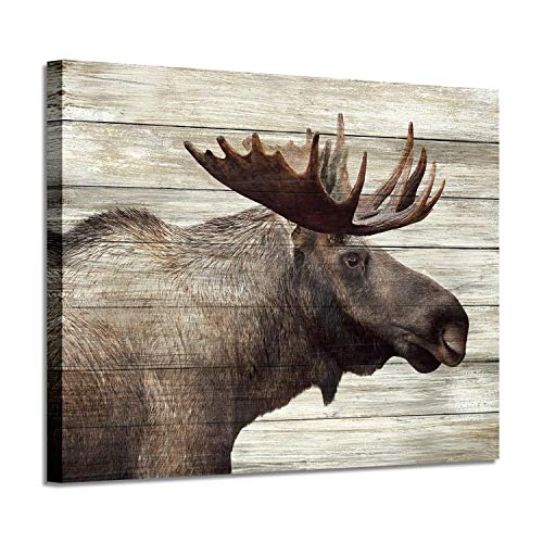 Wildlife Canvas Pictures Wall Art: Majestic Moose Animal Artwork Print in Wood Grain for Farmhouse Living Room Decor