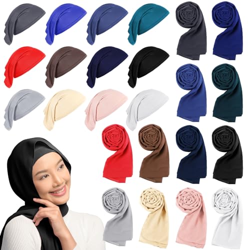 Bunnycool 24 Pcs 24 Pcs Muslim Hijab Scarves for Women with Under Scarf Cap Chiffon Shawl Islamic Caps with Tie Back Closure (Classic Colors)