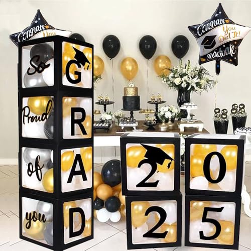 2025 Graduation Party Decoration Black Balloon Boxes with Letters 2025 Grad & So Proud of You and 20 pcs Ballons
