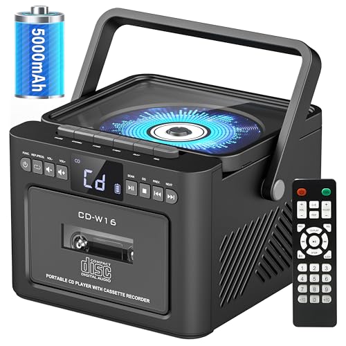 Boombox Cassette CD Player Bluetooth5.1 with 5000mAh Battery,5W Dual Stereo Speakers,Rechargeable CD Player with FM Radio,Remote Control,Tape Recording,3.5mm Earphone Jack,AUX/Micro SD/USB for Home