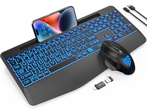 Wireless Keyboard and Mouse Backlits, Wrist Rest, LED Mouse, Rechargeable Ergonomic Keyboard with Phone Holder, Silent Light Up Combo for Computer, Mac, PC, Laptop, Chromebook (Black Large Print)