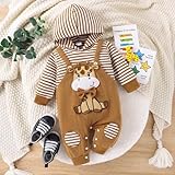 TOKIAGO 6-9 Month Boy Clothes Baby Hoodie Romper Fall Winter Long Sleeve Striped One-Piece Outfit Infant Cute Cartoon Clothing Set Deer Yellow 6-9 Months