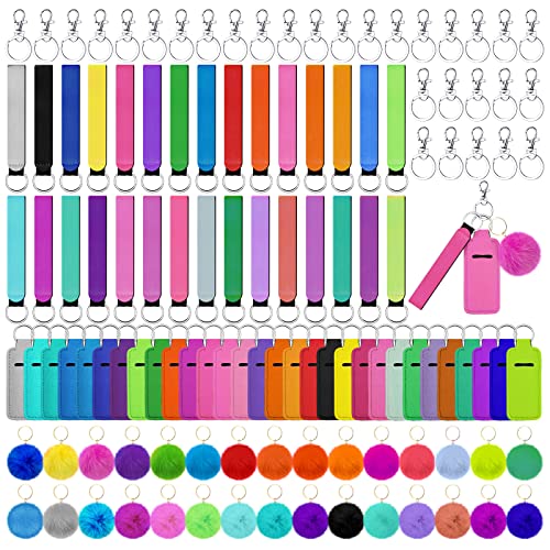 Tudomro Lipstick Holder Keychain Poms Keychains Bulk Lip Balm Holder Set Include Colorful Wristlet Key Rings Ball Metal Key Rings for Lipstick Lanyards Women(Candy Color,30 Sets)