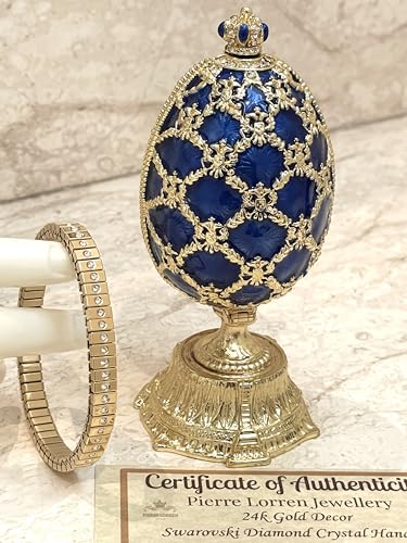 Pierre Lorren Imperial Russian Egg Trinket Box Jeweled Crown Faberge Egg Style Decorative Fabergé Egg Pure Gold decor & Bracelet for woman Faberge Egg Austrian Crystal Diamond Her Birthday HANDMADE