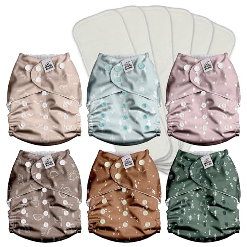 Mama Koala 3.0 Pocket Cloth Diapers for Babies with AWJ Lining, 6 Pack with 6 4-Layer Natural Cloth Diaper Inserts - Reusable and Washable Pocket Diapers(Simply Neutrals)