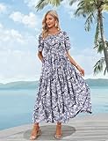 YESNO Women Casual Loose Bohemian Floral Dress with Pockets Short Sleeve Long Maxi Summer Beach Swing Dress 2XL EJF CR148