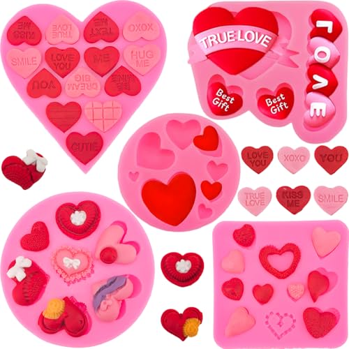 5Pcs Mother's Day Cake Fondant Molds Valentine Mold Heart Shape Candy Chocolate Silicone Molds Love You XOXO Letter Cupcake Cookie Decorating Baking Mold for Valentines Wedding Anniversary Party