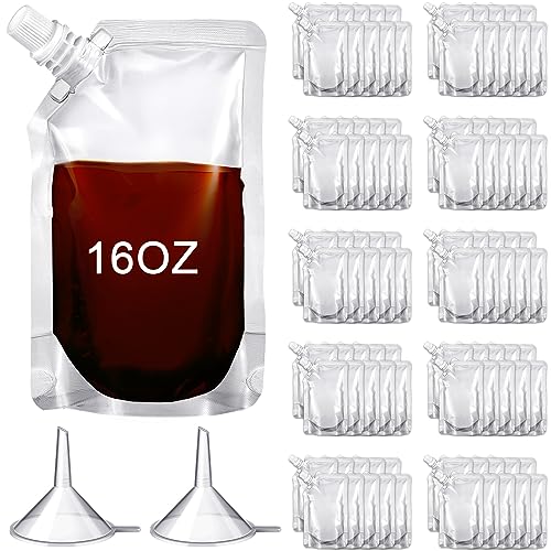 Meanplan 100 Pcs Plastic Pouches Bulk Reusable Squeeze Pouches Clear Juice Drink Bags Leak Proof with Funnel for Adults Travel Beverage Women Men(16 oz,Inclined Mouth)