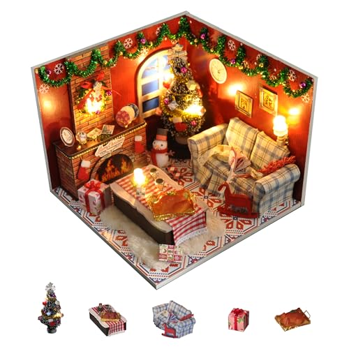 Flever Dollhouse Miniature DIY House Kit Creative Room with Furniture and Glass Cover for Romantic Artwork Gift(Christmas Eve)