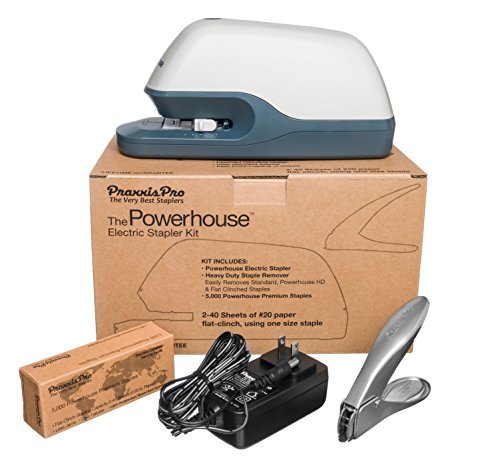 PraxxisPro Powerhouse Electric Automatic Jam Free 40 Sheet Flat Clinch Stapler for Home, School or Office. Power Adapter, Magnetic Staple Remover and 1,250 Powerhouse Staples. Extremely Quiet