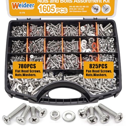 weideer 1605PCS Nuts and Bolts Assortment Kit, Stainless Steel Machine Screws,Phillips Pan Head and Flat Head Screws, Assorted with Nuts, Bolts,Washers,Portable Hand Box #4-40#6-32#8-32#10-24#1/4-20