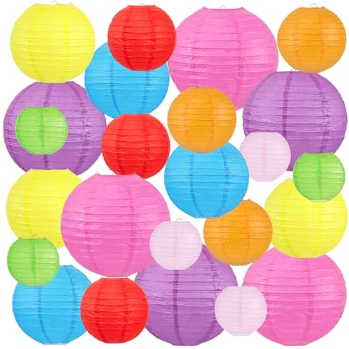 Peywot 24Pcs Multi Colored Paper Lanterns (6" 8" 10" 12") Hanging Colorful Paper Lanterns Party Decorations for Summer Party, Classroom, Room, Baby Shower, Wedding, Birthday (Assorted Sizes)