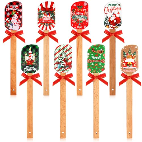 Layhit 8 Pcs Christmas Silicone Spatula for baking Santa Claus Pattern rubber Spatula set with Wooden Handle Christmas cooking utensils bulk Cake Decorating for Holiday Gifts