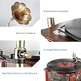 LuguLake Record Player Retro Turntable All in One Vintage Phonograph Nostalgic Gramophone for LP with Copper Horn, Built-in Speaker 3.5mm Aux-in/USB