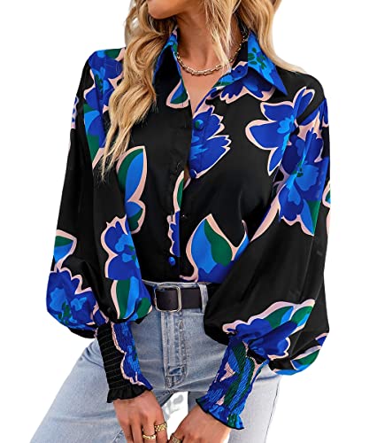 Mincib Women's Floral Print Blouse Long Sleeve Button Down Shirts Casual Dressy Blouse Shirts Tops(Black,L)