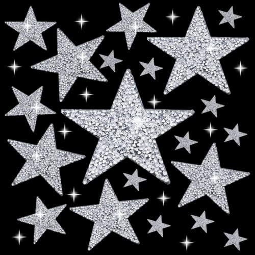 24 Pieces 5 Sizes Iron On Star Patches Adhesive Star Patches Star Shape Rhinestone Appliques Patch DIY Accessory for Clothing Jeans Bags Hats Repair Decoration (Silver)