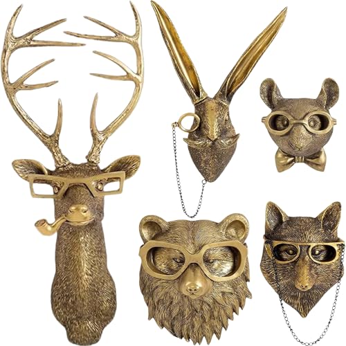 UITWMKTG 5 Pack Animal Head Wall Decor Gold Wall Sculpture Home Decor for Office Bedroom Modern Decor for Men Women