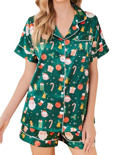 Ekouaer Womens Silk Satin Pajamas Set Short Sleeve Button Down Top and Shorts Sleepwear Loungewear 2 Piece Pjs Set,XX-Large,Christmas Green