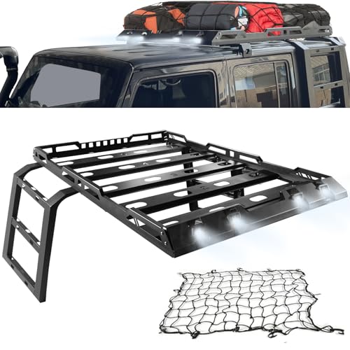 Partree Roof Rack Cargo Basket with Ladder Fit for Jeep Wrangler JK 2007-2018 4 Doors Hard Top Roof Rack w/2 Ladder & 4 LED Lights & Cargo Net Luggage Carrier Cargo Rack (You Will get 2 Packages)