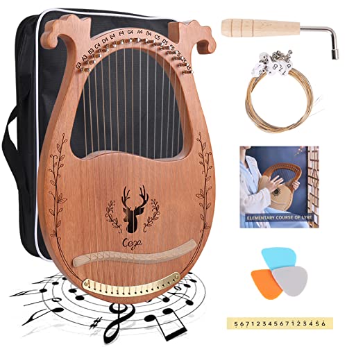Lyre Harp, 16 Strings Mahogany Acoustic Harp with Extra Strings, Picks, Tuning Lever, Black Gig Bag, Beginner's Manual for Lyre