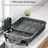 Dish Drying Rack, Expandable Dish Rack for Kitchen Counter, Stainless Steel Dish Drainer with Drainboard Set and Utensil Holder (Black)