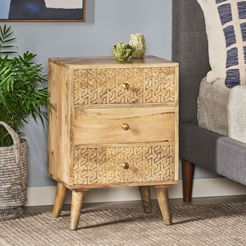 Vinsetto Handcrafted 3-Drawer Bedside Table with Carved Geometric Texture, Boho Mango Wood Nightstand, 18" W x 14" D x 26" H, Natural