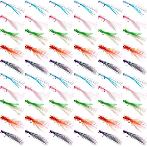 Gemscream 60 Pcs Crappie Jigs Marabou Jig Heads with Feather Hand Tied Marabou Fishing Hair Jigs Rainbow Fishing Lures Kit for Panfish Sunfish Walleye, 1/32 oz