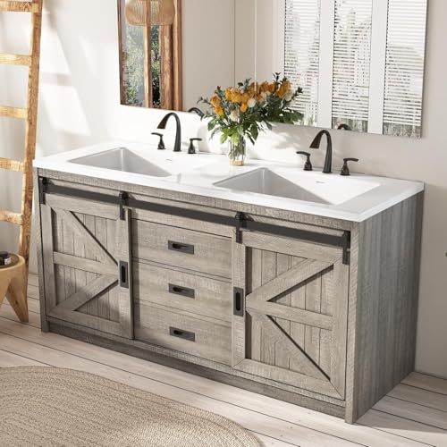 LUXOAK 60" Farmhouse Bathroom Double Vanity Sliding Barn Door with Sink Combo, Bathroom Vanity Cabinet with Drawers & Metal Handles, Freestanding, Gray