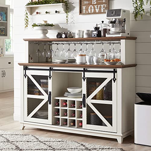 OKD Farmhouse Coffee Bar Cabinet with LED Lights, 55" Wine Bar Cabinet w/Sliding Barn Door & Wine and Glass Rack, Kitchen Buffet Cabinet w/Storage Shelves for Dining Room,Antique White