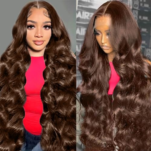 QBRVP 13x6 Hd Body Wave Lace Front Wigs Human Hair 200 Density 36 Inch Chocolate Brown Lace Front Wig Frontal Colored Glueless Wigs Human Hair Pre Plucked Pre Cut Brown Wig Human Hair