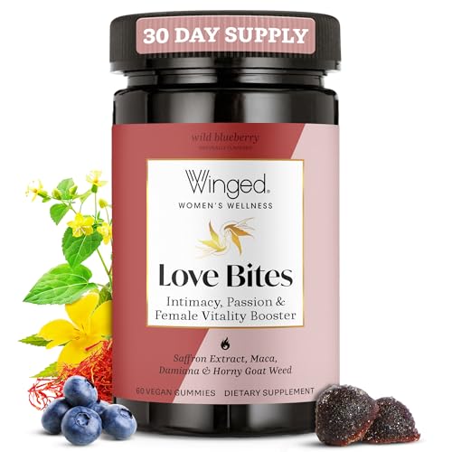 Winged Wellness Love Bites, Libido Booster for Women with Maca Root - Libido & Pleasure Booster with Horny Goat Weed & Damiana - Natural Aphrodisiac Gummy Supplement - Wild Blueberry, 60 Vegan Gummies