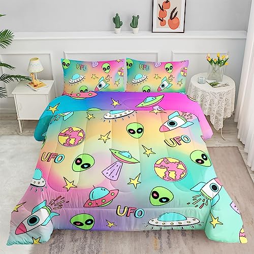 Datura home Space Alien Children Bedding Comforter Set for Girls Kids,Colorful Cartoon Outer Space Planet UFO Lovely Alien Theme Bedding Set with 1 Comforter and 2 Pillowcases(Alien3 Twin)