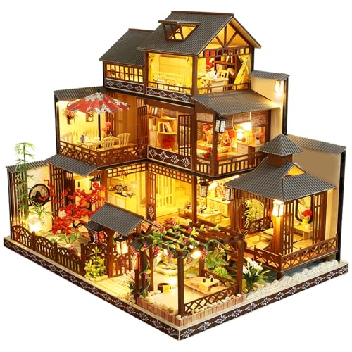 Spilay DIY Dollhouse Miniature with Wooden Furniture,DIY Dollhouse Kit Big Japanese Courtyard Model with LED & Music Box,1:24 Scale Creative Room Gift Idea for Adult Friend Lover (Yaquan Courtyard)