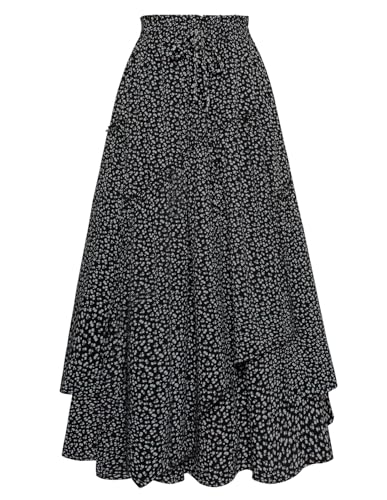Women Boho Floral Maxi Skrit A Line Layered Long Skirts with Pockets Black Floral XL