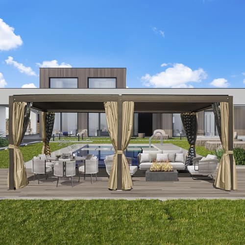 Domi Outdoor Louvered Pergola 12x20FT Full Aluminum Structure,Patio Rainproof Pergola with Two Independently Adjustable Roof for Patio Backyard Garden w/Curtains and Netting - Dark Brown