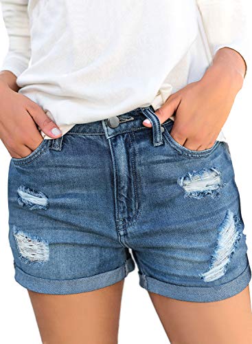 luvamia Women's Summer Casual Jean Shorts Stretchy High Rise Folded Hem Cutoff Denim Shorts 3 Inch Inseam Jive Outlasted Blue Size Large