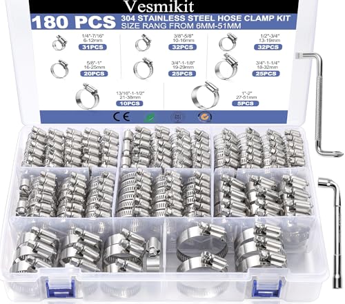 Hose Clamp Assortment- Vesmikit 180 PCS Stainless Steel Hose Clamps Kit 1/4"–2"(6-51mm) Worm Gear Clamps for Fuel Line, Plumbing, Automotive, Mechanical Applications, Pipe, Tube, Radiator, Garden
