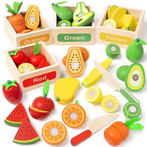 TooyBing Wooden Play Food Toy Set for Kids Kitchen - 30 Pcs Montessori Cutting & Color Sorting Fake Fruit Accessories with 4 Boxes, Play Toys for Toddlers 3, Birthday Gifts for Boys Girls