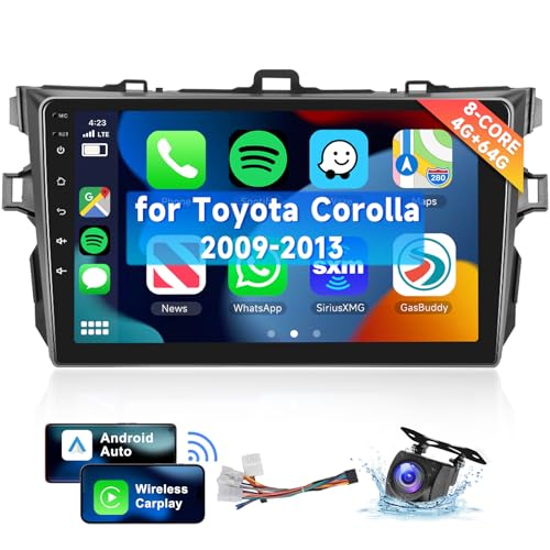 [8 CORE 4G+64G] for Toyota Corolla 2009-2013 Car Radio with Wireless Carplay/Android Auto, 9 Inch Android 13 IPS Touch Screen Car Stereo, Bluetooth, GPS Navi, WiFi, SWC, DSP + Backup Camera