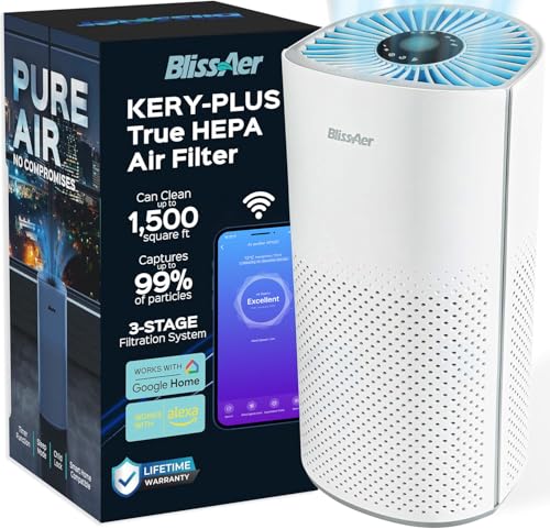 BlissAer Air Purifiers for Home Bedroom Large Room Up to 1500 Ft² - Smart WiFi & Voice Control True HEPA Air Purifier For Home Smoke, Dust, Pet Dander, Pollen, Sleep Mode Air Quality Light - Kery Plus