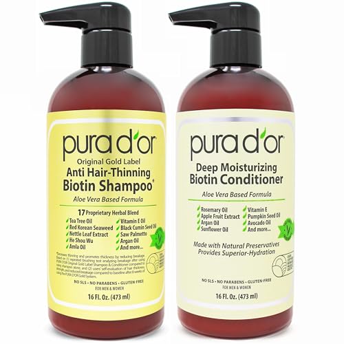 PURA D'OR Anti-Thinning Biotin Shampoo & Deep Moisturizing Conditioner Original Gold Label Set (16oz x2) Natural Earthy Scent, CLINICALLY TESTED Effective Results, DHT Blocker Thickening, Women & Men