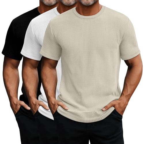 Ficerd 3 Pack Men's Short Sleeve Waffle Knit Shirts, Casual Textured Crew Neck Summer T-Shirts Lightweight Solid Pullover Tee(Black, White, Cream,Medium)